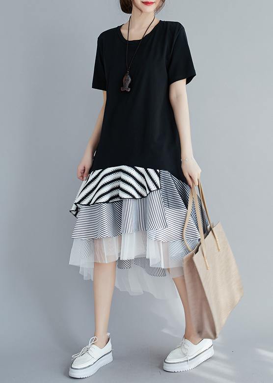 Loose Black Dress for O Neck Asymmetric Dress