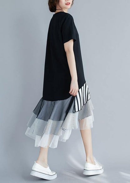 Loose Black Dress for O Neck Asymmetric Dress