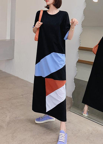 Loose Black Dress O Neck Geometric Patchwork Dresses