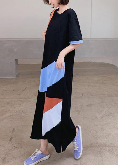 Loose Black Dress O Neck Geometric Patchwork Dresses