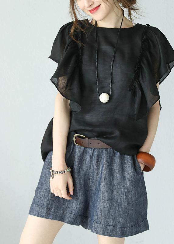 Loose Black Linen Shirts O Neck Butterfly Sleeve Short Summer Top