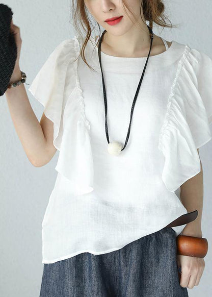 Loose Black Linen Shirts O Neck Butterfly Sleeve Short Summer Top