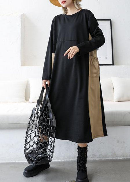 Loose Black Patchwork Khaki Cotton Outfit O Neck Cotton Fall Dresses