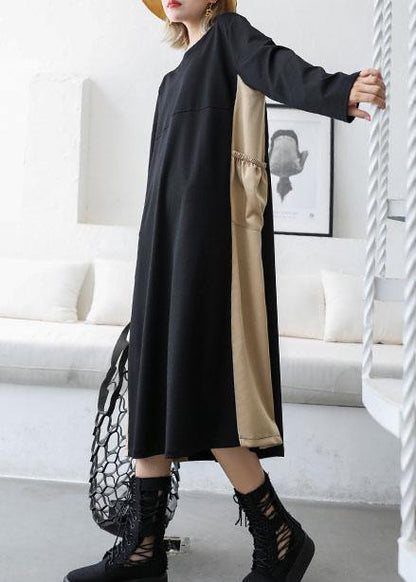 Loose Black Patchwork Khaki Cotton Outfit O Neck Cotton Fall Dresses