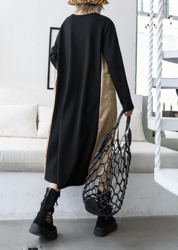 Loose Black Patchwork Khaki Cotton Outfit O Neck Cotton Fall Dresses