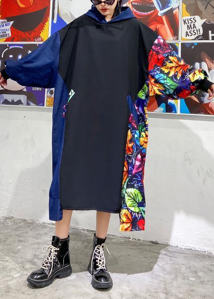 Loose Black Patchwork Print Quilting Clothes Hooded Pockets Dress