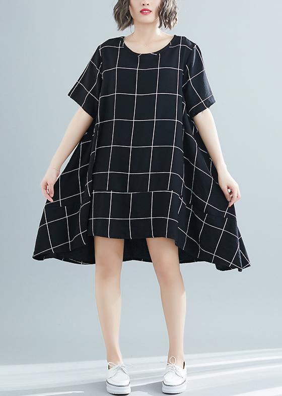 Loose Black Plaid Cotton Clothes Tutorials Low High Design Tunic Summer Dress
