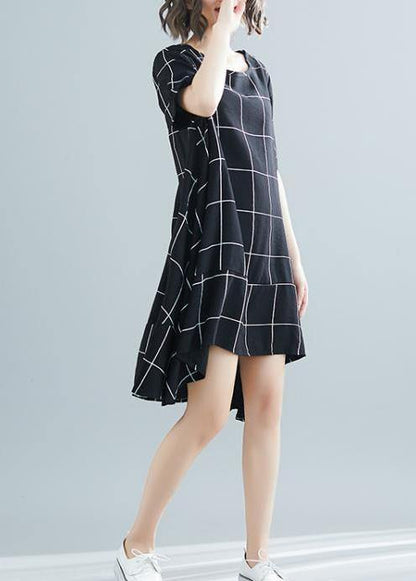 Loose Black Plaid Cotton Clothes Tutorials Low High Design Tunic Summer Dress