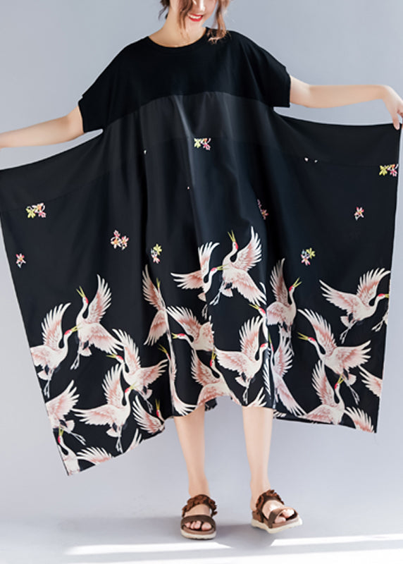 Loose Black Print Linen Clothes Shirts O Neck Asymmetric Long Summer Dress