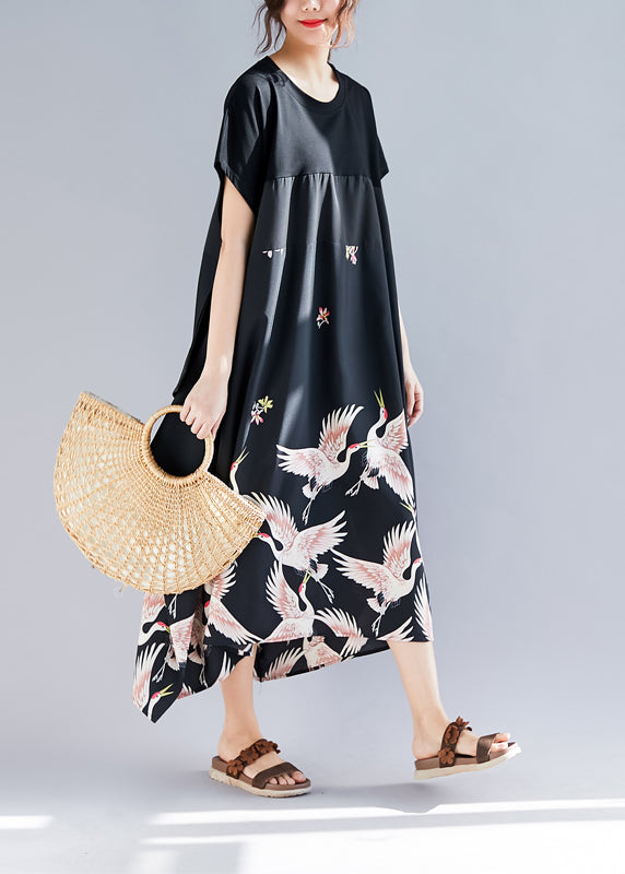 Loose Black Print Linen Clothes Shirts O Neck Asymmetric Long Summer Dress