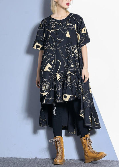 Loose Black Prints Cotton Dresses Low High Design Daily Summer Dress