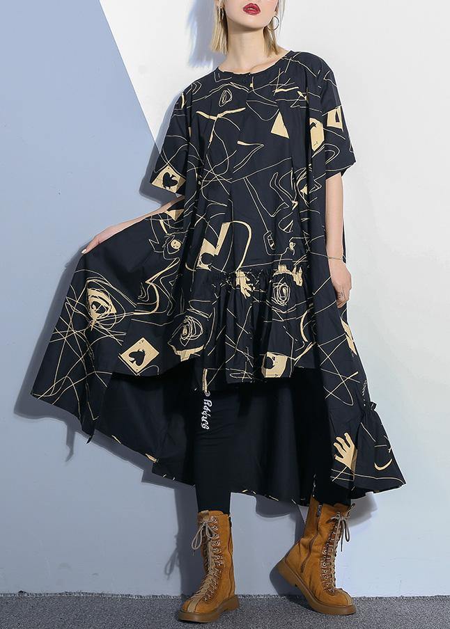 Loose Black Prints Cotton Dresses Low High Design Daily Summer Dress