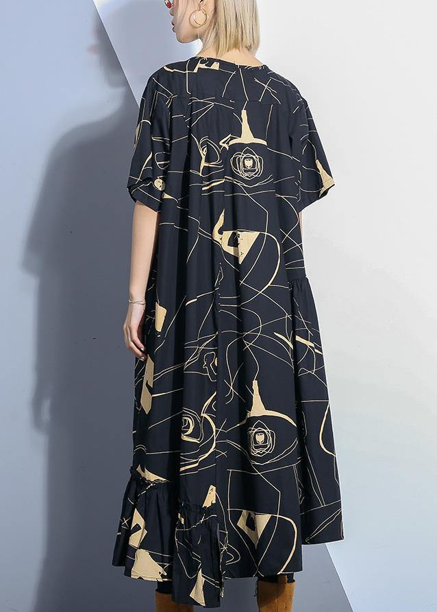 Loose Black Prints Cotton Dresses Low High Design Daily Summer Dress