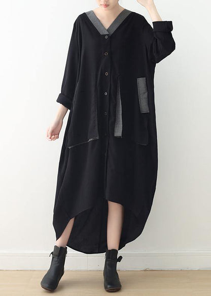 Loose Black Quilting Clothes V Neck Patchwork Maxi Fall Dresses
