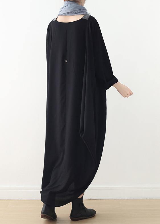 Loose Black Quilting Clothes V Neck Patchwork Maxi Fall Dresses