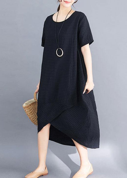 Loose Black Short Sleeve Cotton Clothes Asymmetric Patchwork Summer Dresses