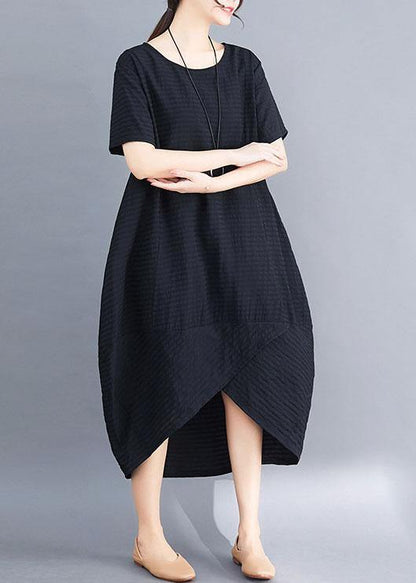 Loose Black Short Sleeve Cotton Clothes Asymmetric Patchwork Summer Dresses