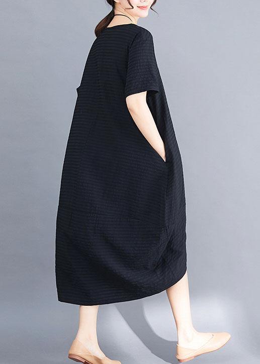 Loose Black Short Sleeve Cotton Clothes Asymmetric Patchwork Summer Dresses