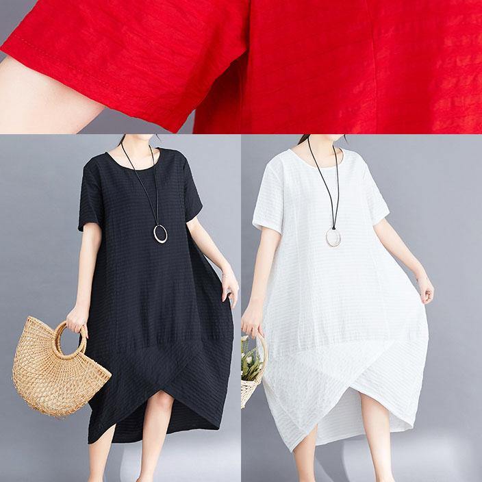 Loose Black Short Sleeve Cotton Clothes Asymmetric Patchwork Summer Dresses