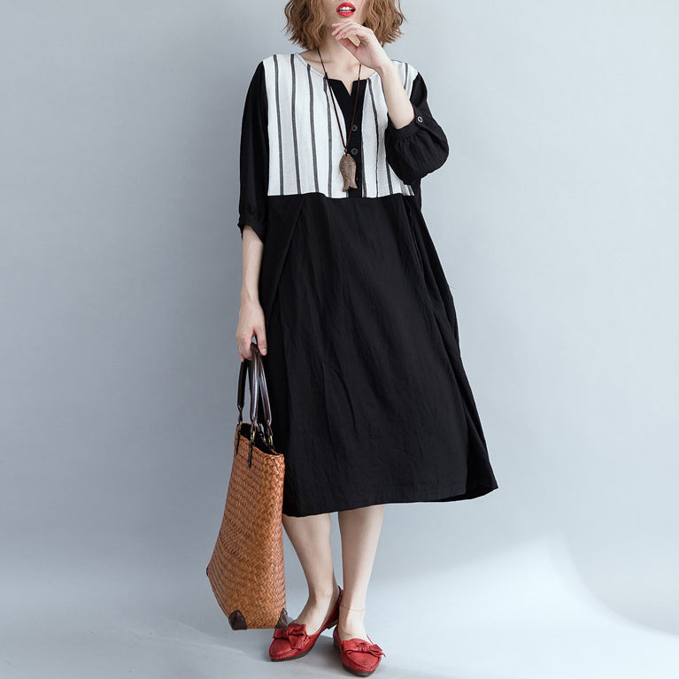 Loose Black Striped Cotton Clothes Outfits Patchwork Dress