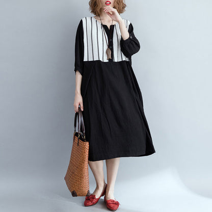Loose Black Striped Cotton Clothes Outfits Patchwork Dress