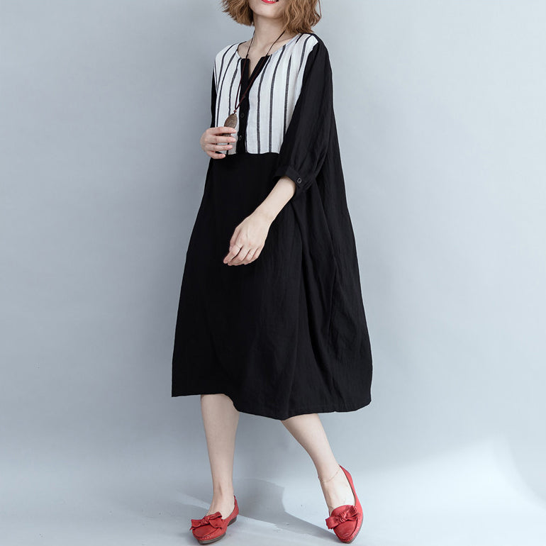 Loose Black Striped Cotton Clothes Outfits Patchwork Dress
