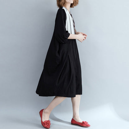 Loose Black Striped Cotton Clothes Outfits Patchwork Dress