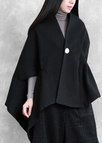 Loose Black Wool Blouse V Neck Short Asymmetric Shirt