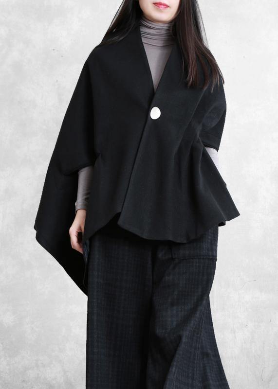 Loose Black Wool Blouse V Neck Short Asymmetric Shirt