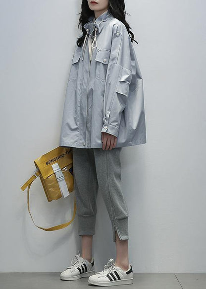 Loose Blue Fine Outwear Sewing Stand Collar Drawstring Outwears