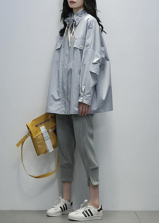 Loose Blue Fine Outwear Sewing Stand Collar Drawstring Outwears