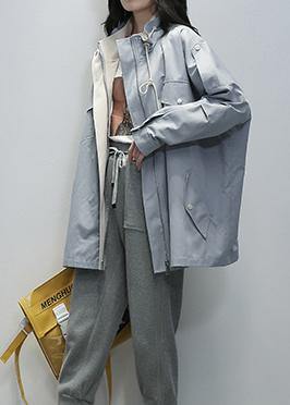 Loose Blue Fine Outwear Sewing Stand Collar Drawstring Outwears