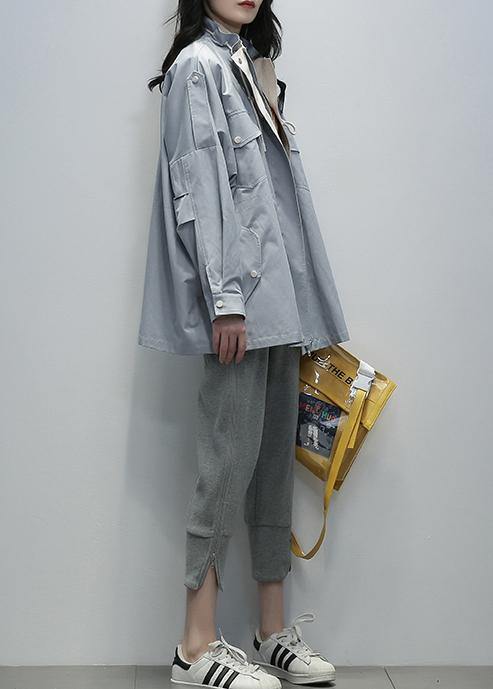 Loose Blue Fine Outwear Sewing Stand Collar Drawstring Outwears