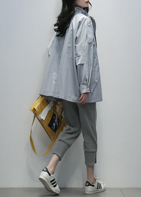 Loose Blue Fine Outwear Sewing Stand Collar Drawstring Outwears