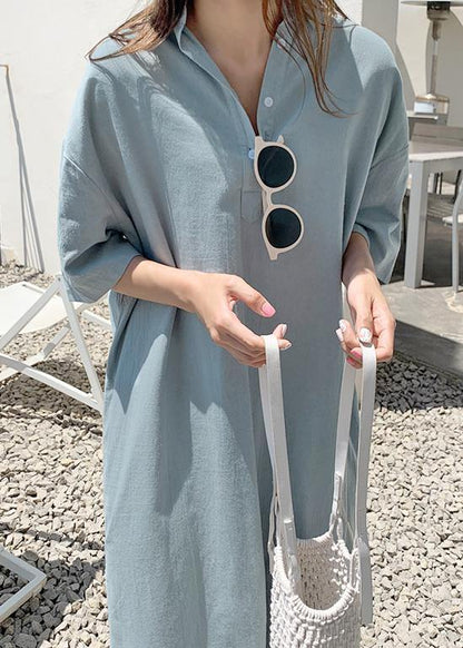 Loose Blue Cotton Linen Robes V Neck Side Open Long Dresses