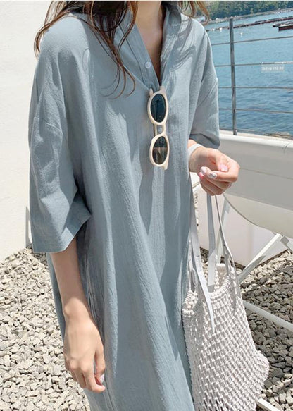 Loose Blue Cotton Linen Robes V Neck Side Open Long Dresses