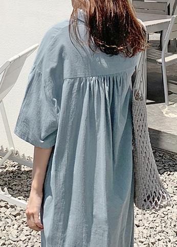 Loose Blue Cotton Linen Robes V Neck Side Open Long Dresses