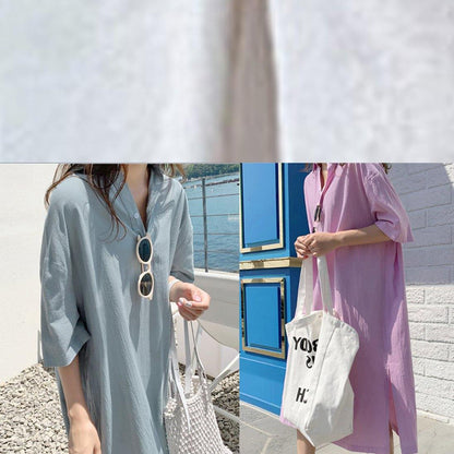 Loose Blue Cotton Linen Robes V Neck Side Open Long Dresses