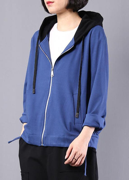 Loose Blue Cotton Linen Tops Hooded Oversized Autumn Short Coat