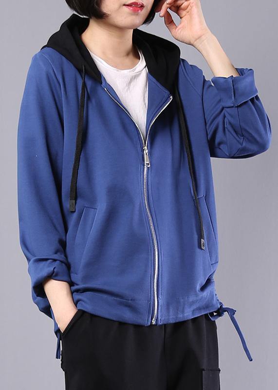 Loose Blue Cotton Linen Tops Hooded Oversized Autumn Short Coat
