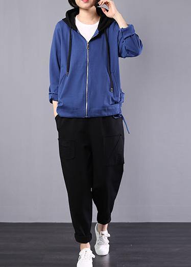 Loose Blue Cotton Linen Tops Hooded Oversized Autumn Short Coat