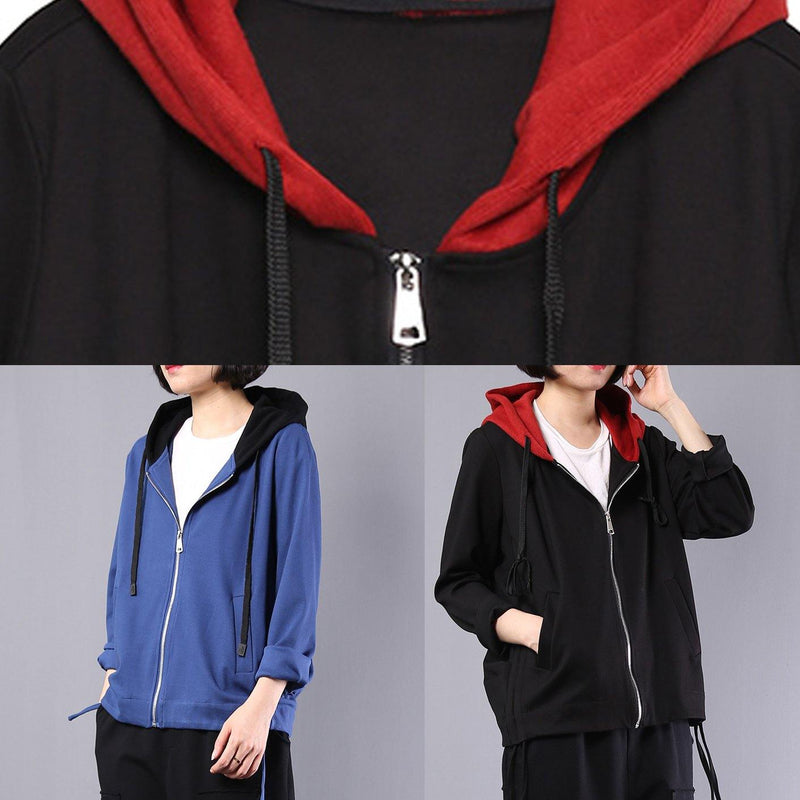Loose Blue Cotton Linen Tops Hooded Oversized Autumn Short Coat