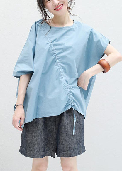 Loose Blue Drawstring Cotton Tunic Top O Neck Art Summer Shirt
