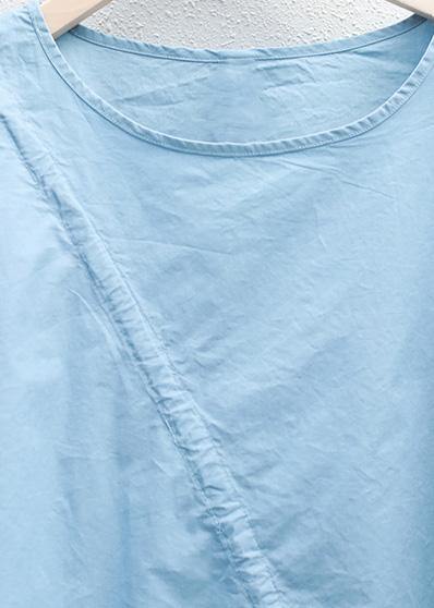 Loose Blue Drawstring Cotton Tunic Top O Neck Art Summer Shirt