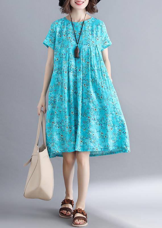 Loose Blue Dresses O Neck Cinched Loose Summer Dresses