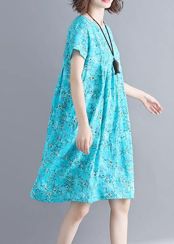 Loose Blue Dresses O Neck Cinched Loose Summer Dresses