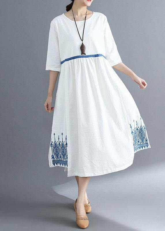 Loose Blue Linen Clothes for Embroidery Clothing Summer Dress