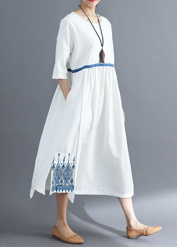 Loose Blue Linen Clothes for Embroidery Clothing Summer Dress