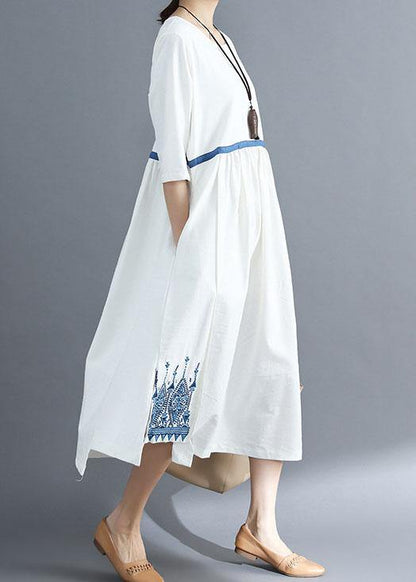 Loose Blue Linen Clothes for Embroidery Clothing Summer Dress