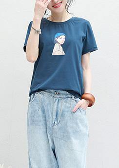 Loose Blue O Neck Cotton Clothes for Neckline Cartoon Print Blouses Summer